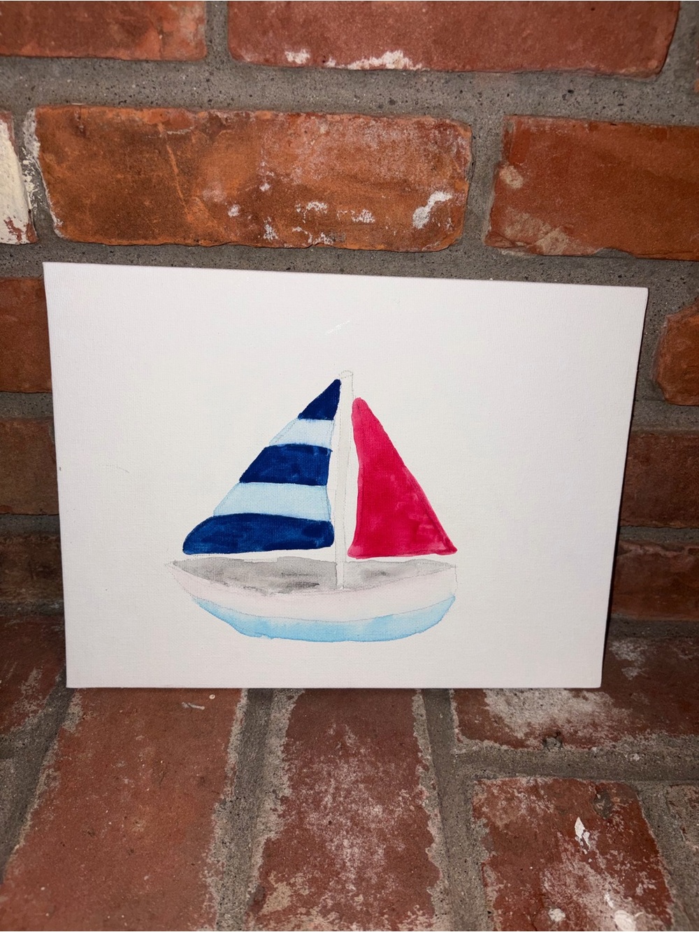 Striped Blue and Red Sailboat Canvas Wall Art Watercolor